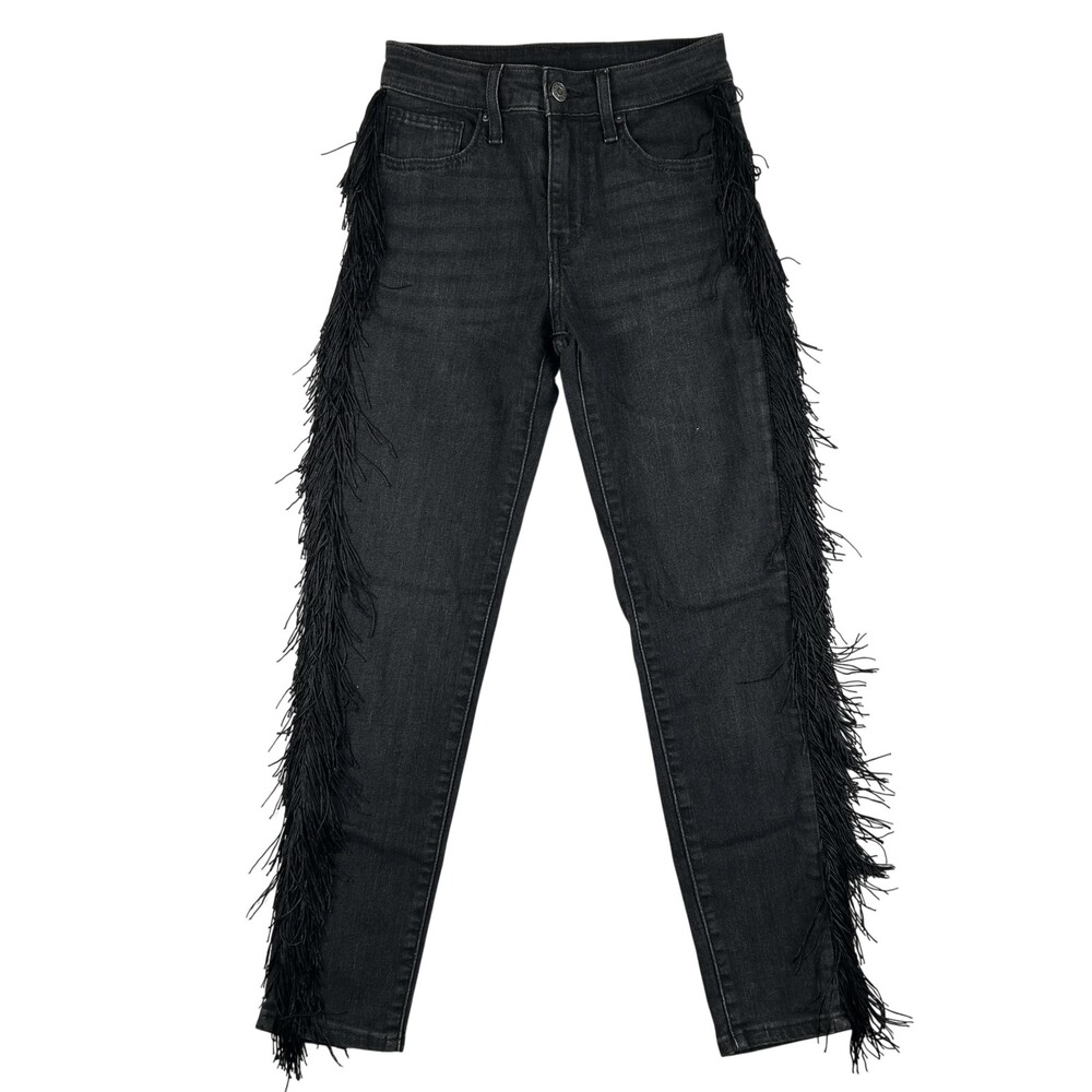 Levis 721 Jeans Womens 24x26 Charcoal High Rise Skinny Fringe Trim Denim Cowboy